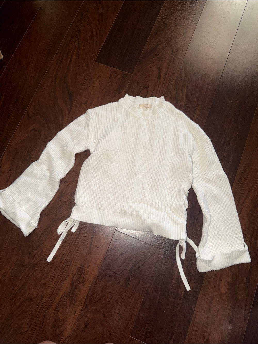 Chelsea & Violet Ivory Ribbed Crewneck Sweater with Side Ties